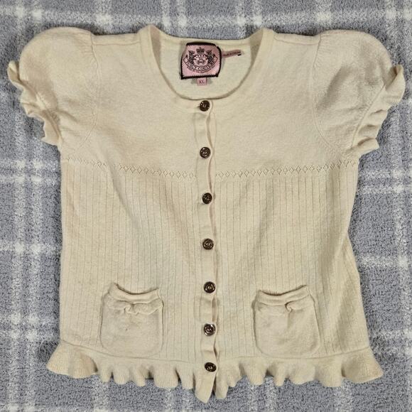 Juicy Couture Y2k Cream ButtonDown Cardigan Ruffles Wool Cashmere Women Size XL - Picture 1 of 9